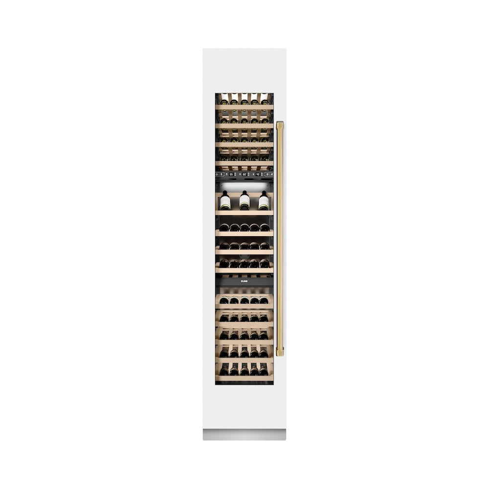 ZLINE Autograph 18 in. 9.0 cu. ft. Triple Zone 68 Bottle Hinge Column Wine Cooler In White Matte With Accents - View 5 | Fridge.com