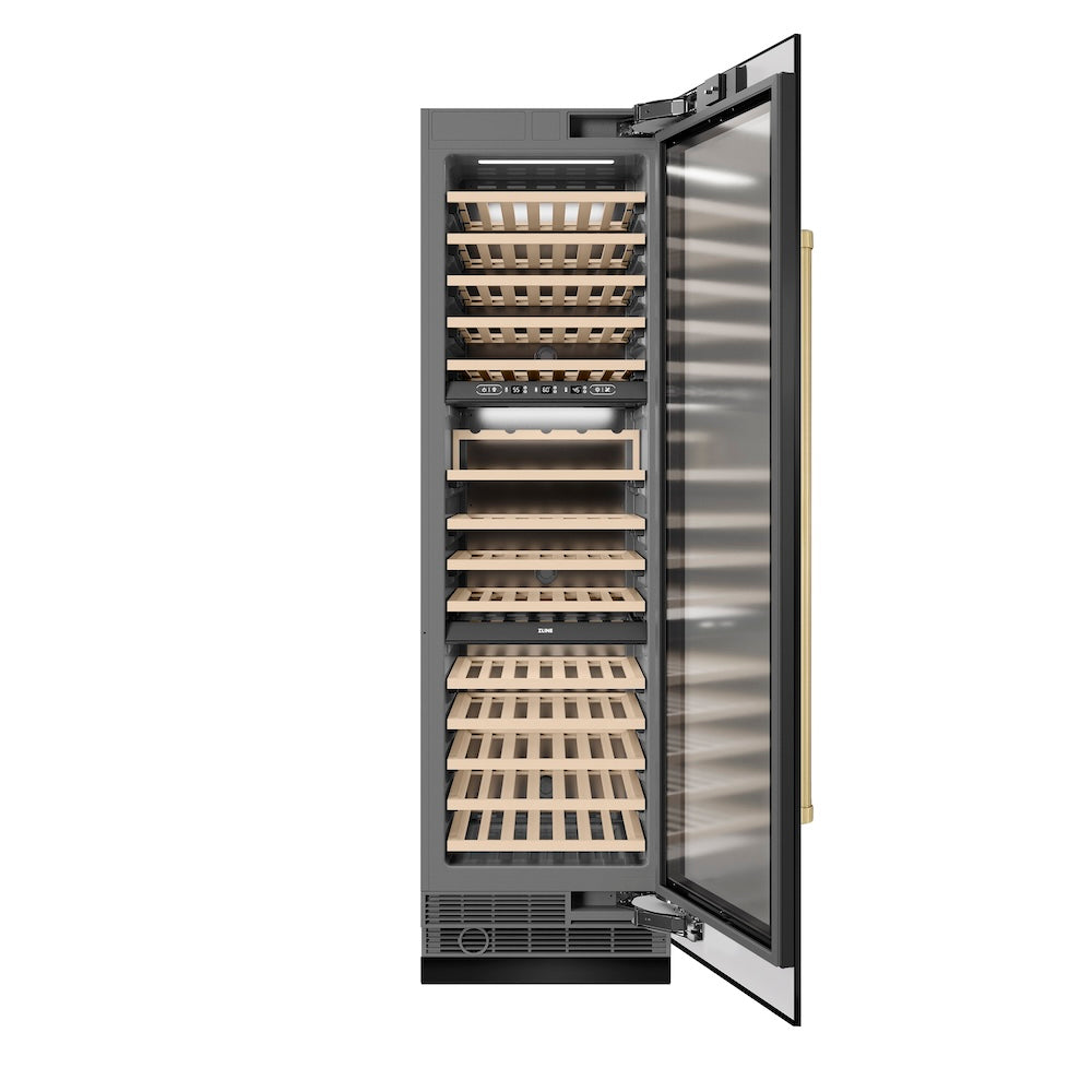ZLINE Autograph 24 in. 12.4 cu. ft. Triple Zone 100 Bottle Column Wine Cooler In Stainless Steel Accents - View 3 | Fridge.com