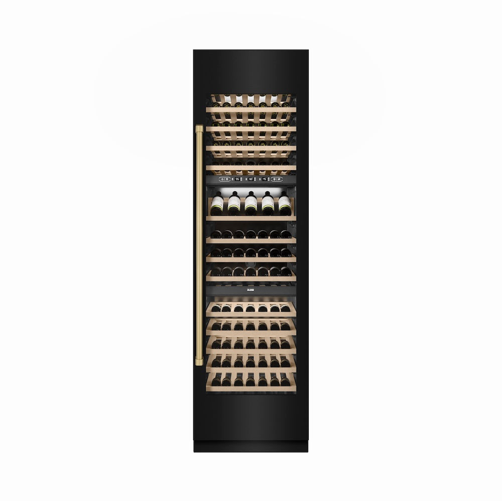 ZLINE Autograph 24 in. 12.4 cu. ft. Triple Zone 100 Bottle Column Wine Cooler In Stainless Steel Accents - View 4 | Fridge.com