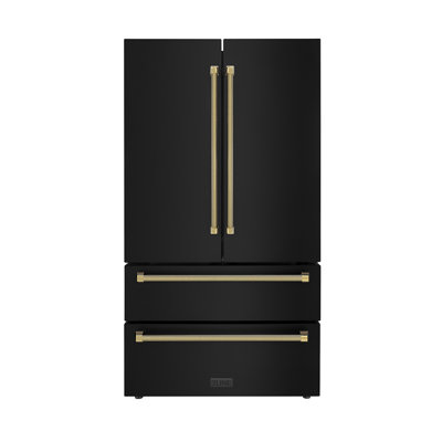 ZLINE Autograph 36 in. Counter-Depth Refrigerator in Black Stainless Steel and Gold Helix Handles | Fridge.com