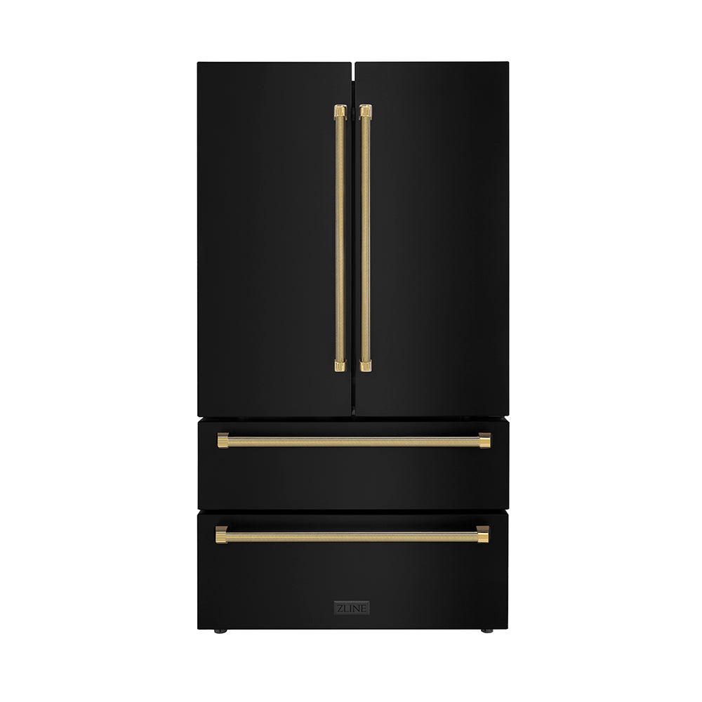 ZLINE Autograph 36 in. Counter-Depth Refrigerator In Black Stainless Steel And Gold Helix Handles - View 2 | Fridge.com