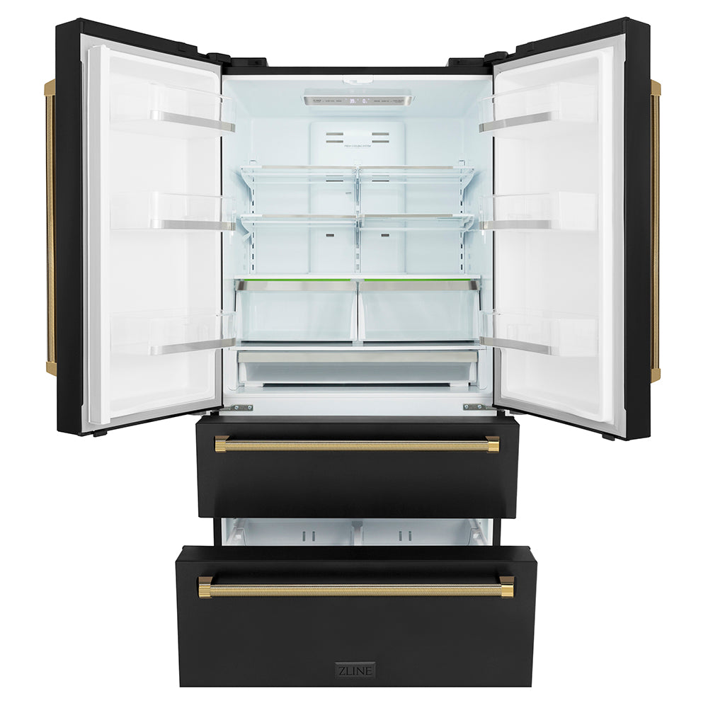 ZLINE Autograph 36 in. Counter-Depth Refrigerator In Black Stainless Steel And Gold Helix Handles - View 4 | Fridge.com