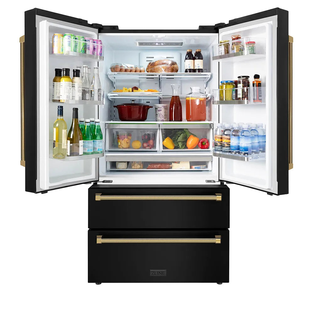 ZLINE Autograph 36 in. Counter-Depth Refrigerator In Black Stainless Steel And Gold Helix Handles - View 5 | Fridge.com