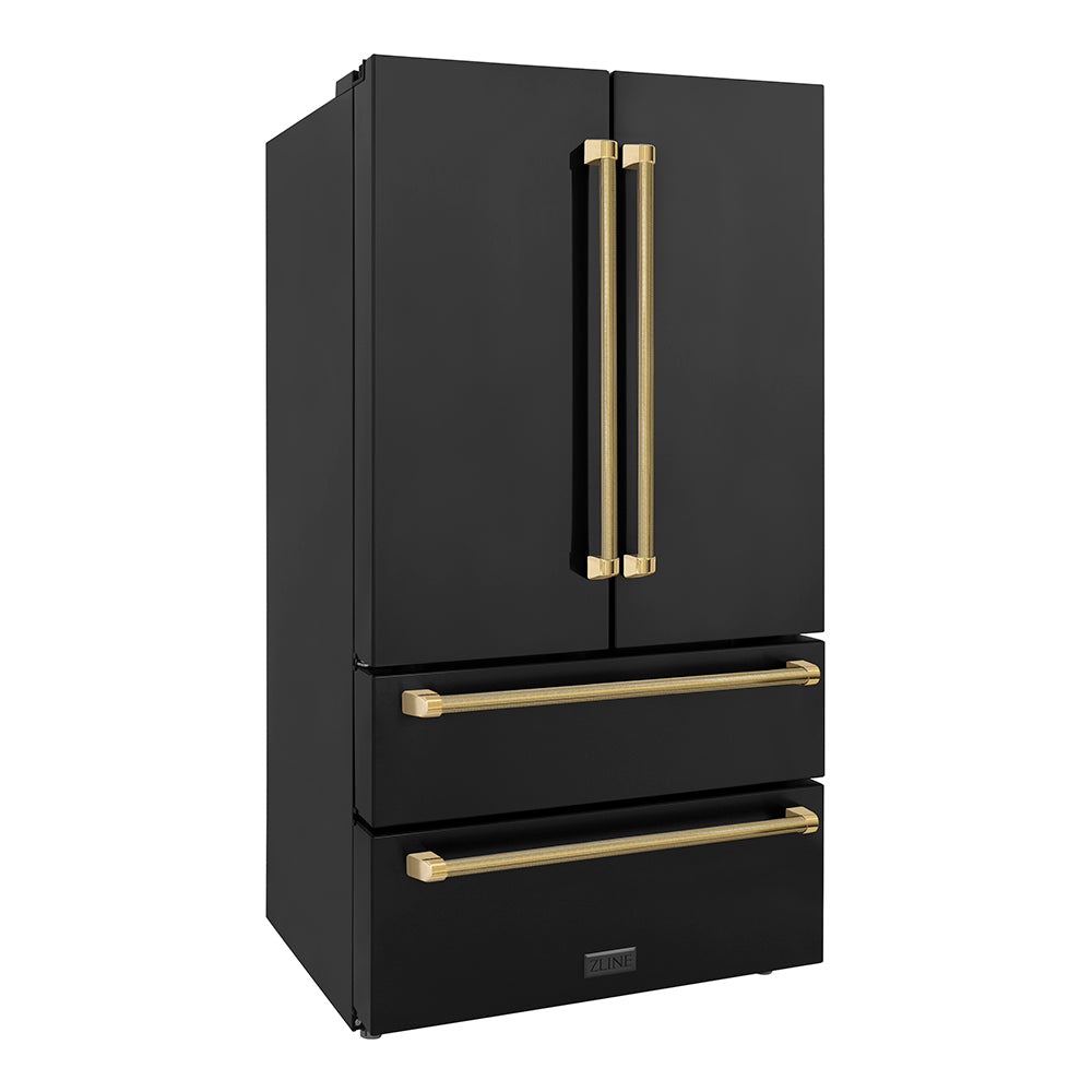 ZLINE Autograph 36 in. Counter-Depth Refrigerator In Black Stainless Steel And Gold Helix Handles - View 6 | Fridge.com