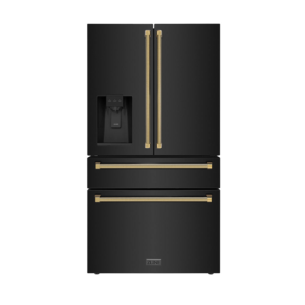 ZLINE Autograph 36 in. Counter-Depth Fridge W/ Water Dispenser In Black Steel & Gold Helix Handles - View 2 | Fridge.com