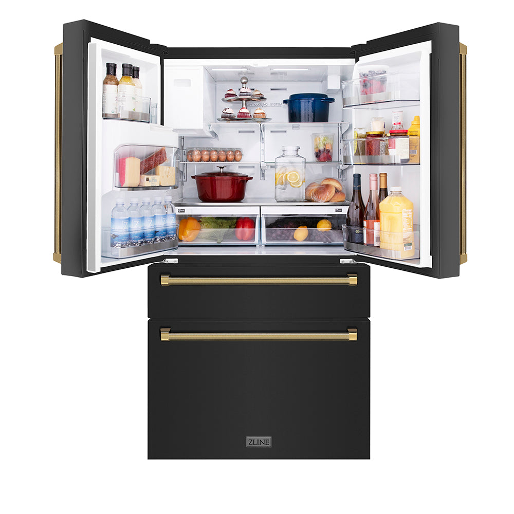 ZLINE Autograph 36 in. Counter-Depth Fridge W/ Water Dispenser In Black Steel & Gold Helix Handles - View 4 | Fridge.com