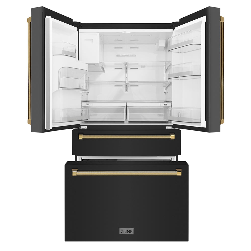 ZLINE Autograph 36 in. Counter-Depth Fridge W/ Water Dispenser In Black Steel & Gold Helix Handles - View 5 | Fridge.com