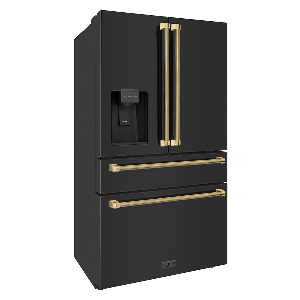 ZLINE Autograph 36 in. Counter-Depth Fridge W/ Water Dispenser In Black Steel & Gold Helix Handles - View 6 | Fridge.com