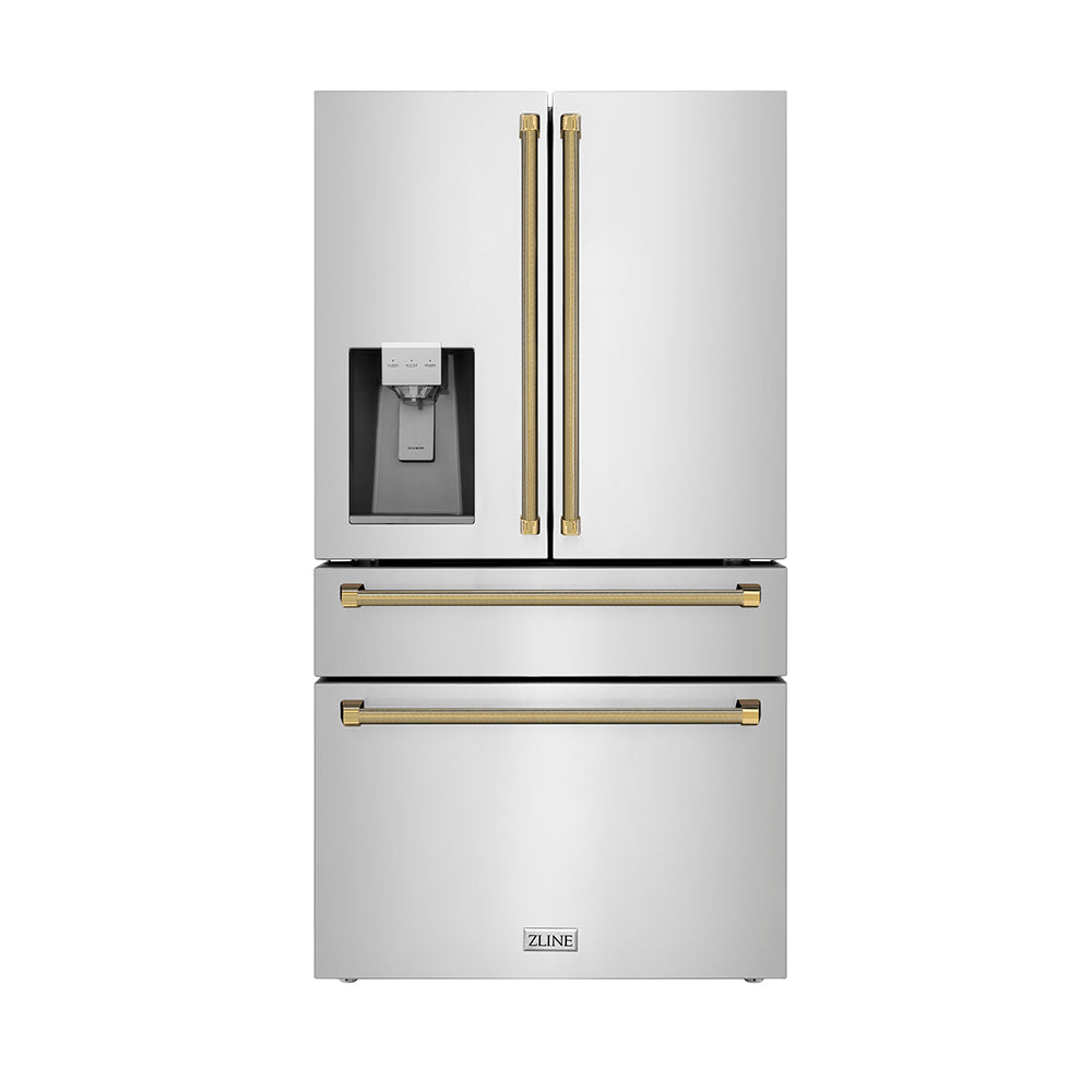ZLINE Autograph 36 in. Stainless Counter-Depth Fridge w/ Water Dispenser & Gold Helix Handles — FIN-0016536 | Fridge.com