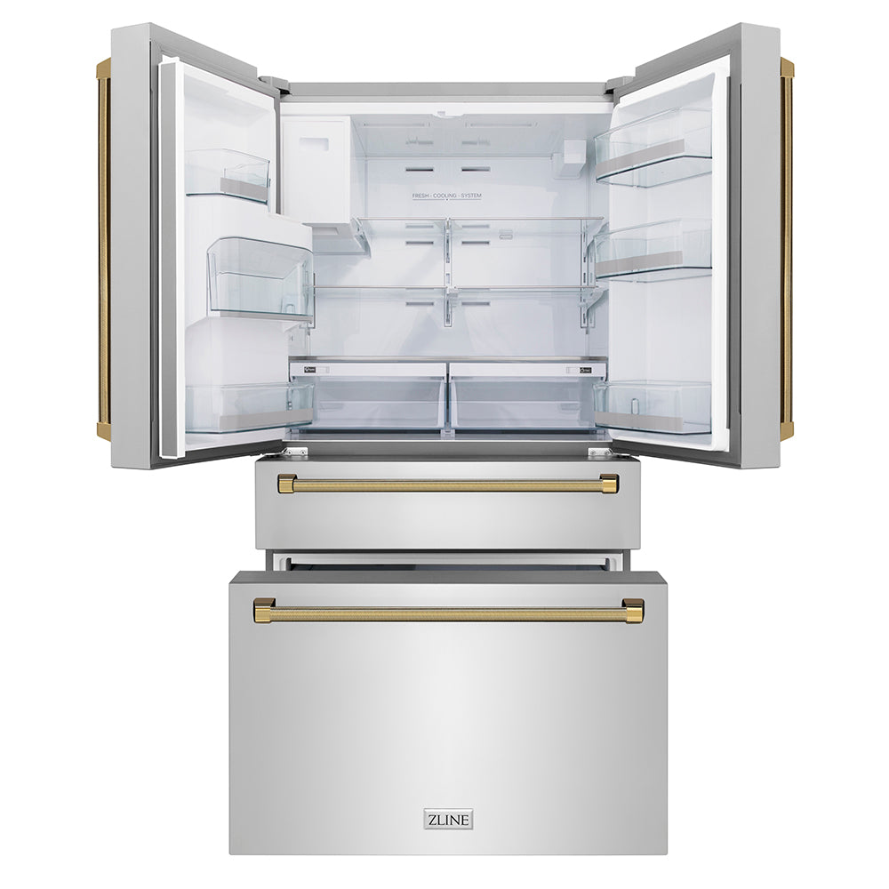 ZLINE Autograph 36 in. Stainless Counter-Depth Fridge W/ Water Dispenser & Gold Helix Handles - View 4 | Fridge.com