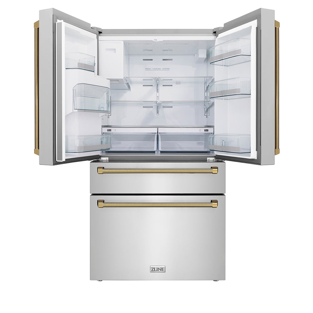 ZLINE Autograph 36 in. Stainless Counter-Depth Fridge W/ Water Dispenser & Gold Helix Handles - View 5 | Fridge.com