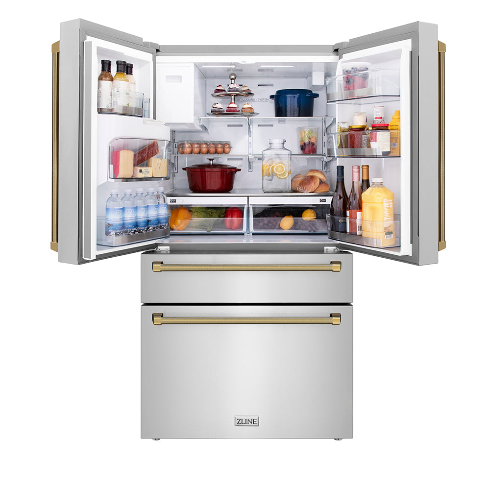 ZLINE Autograph 36 in. Stainless Counter-Depth Fridge W/ Water Dispenser & Gold Helix Handles - View 6 | Fridge.com