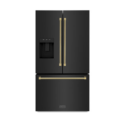 ZLINE Autograph 36 in. Standard-Depth Fridge w/ Dual Ice Maker in Black Steel & Gold Helix Handles | Fridge.com