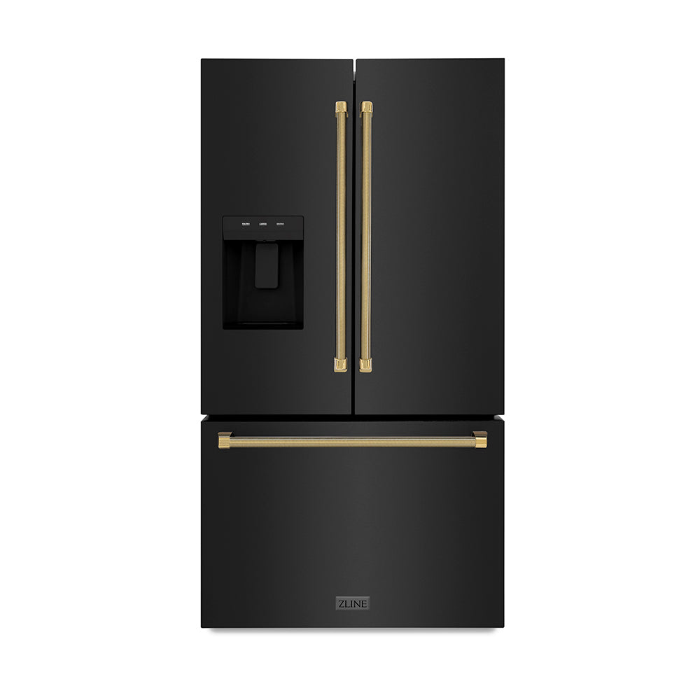ZLINE Autograph 36 in. Standard-Depth Fridge W/ Dual Ice Maker In Black Steel & Gold Helix Handles - View 2 | Fridge.com