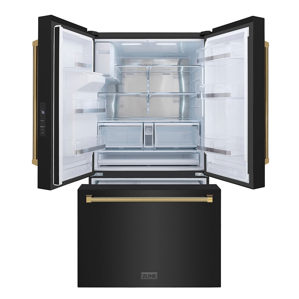 ZLINE Autograph 36 in. Standard-Depth Fridge W/ Dual Ice Maker In Black Steel & Gold Helix Handles - View 4 | Fridge.com
