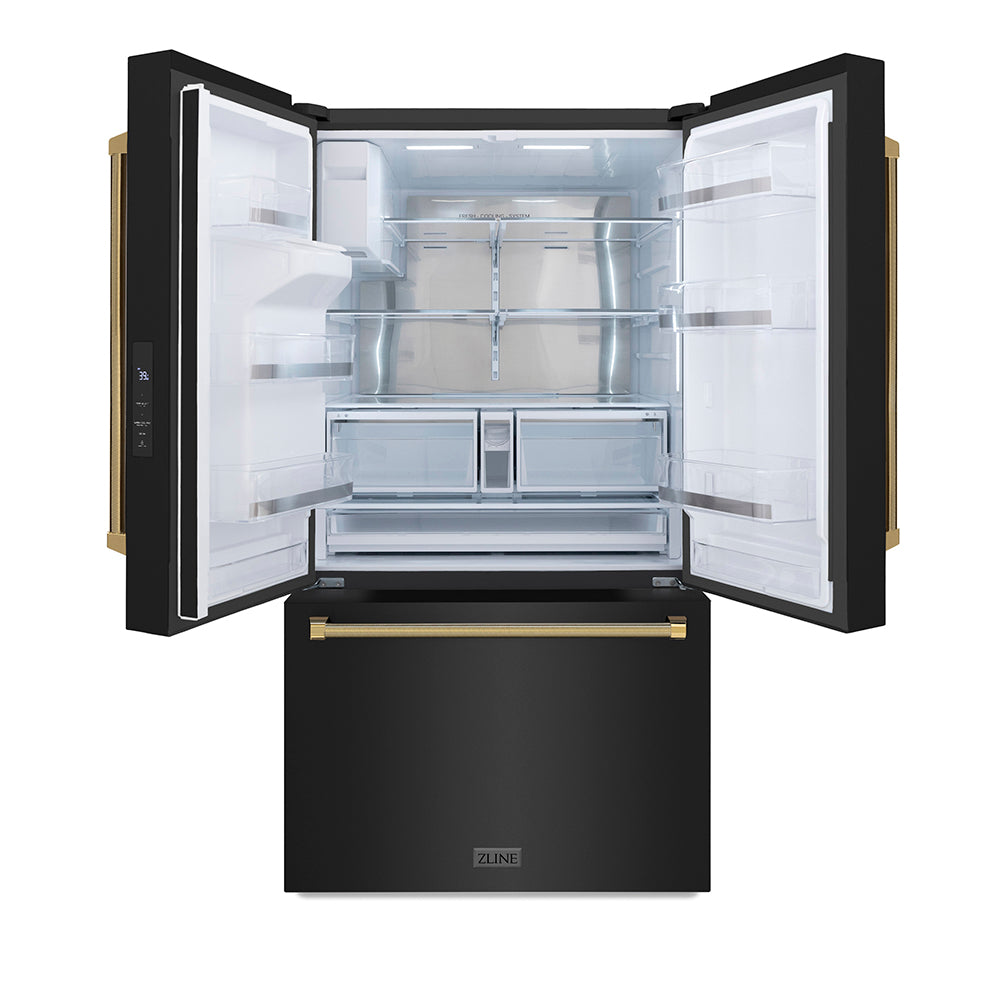 ZLINE Autograph 36 in. Standard-Depth Fridge W/ Dual Ice Maker In Black Steel & Gold Helix Handles - View 5 | Fridge.com