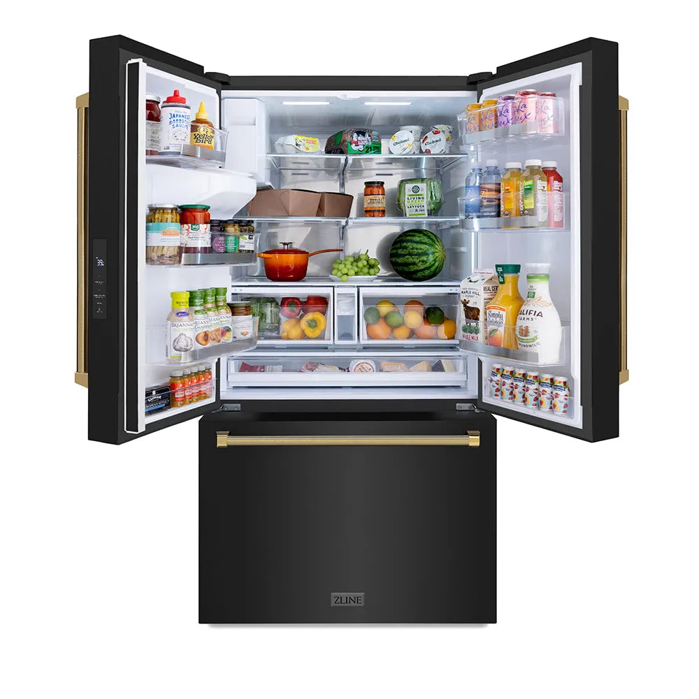 ZLINE Autograph 36 in. Standard-Depth Fridge W/ Dual Ice Maker In Black Steel & Gold Helix Handles - View 6 | Fridge.com