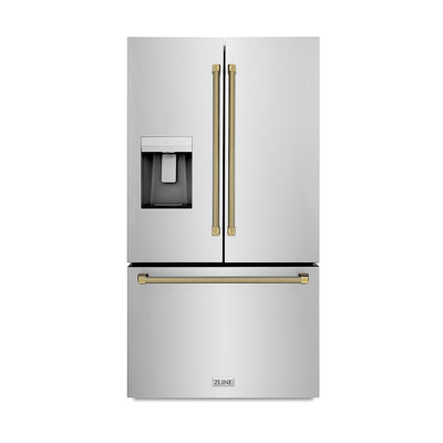 ZLINE Autograph 36 in. Stainless Standard-Depth Fridge W/ Dual Ice Maker & Gold Helix Handles - View 1 | Fridge.com