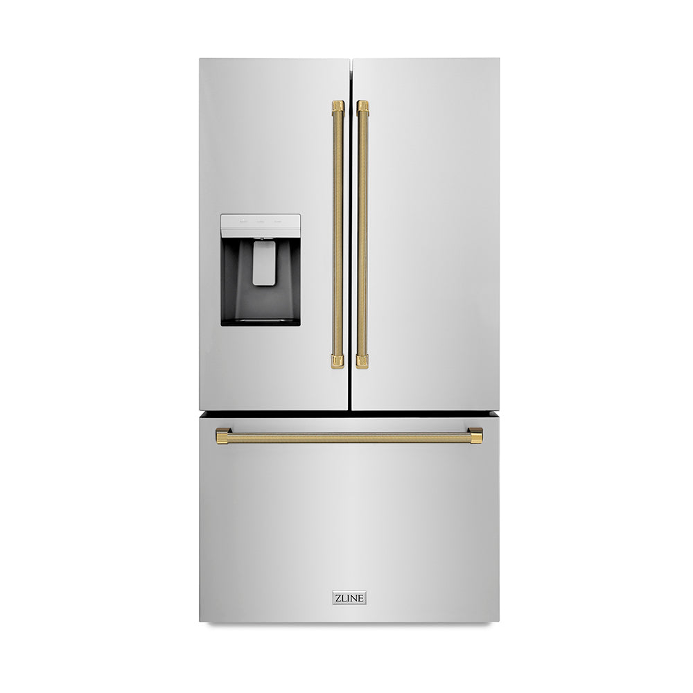 ZLINE Autograph 36 in. Stainless Standard-Depth Fridge W/ Dual Ice Maker & Gold Helix Handles - View 2 | Fridge.com