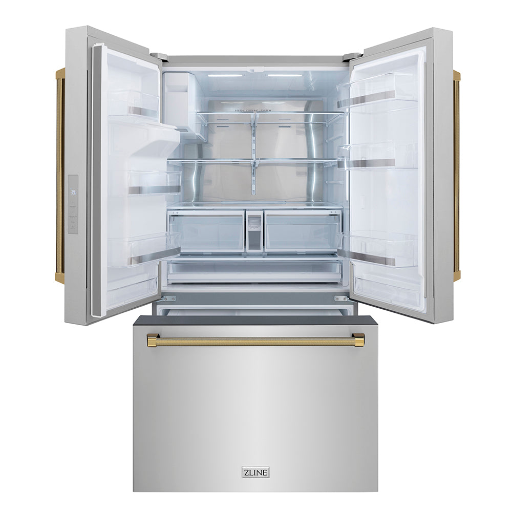 ZLINE Autograph 36 in. Stainless Standard-Depth Fridge W/ Dual Ice Maker & Gold Helix Handles - View 4 | Fridge.com