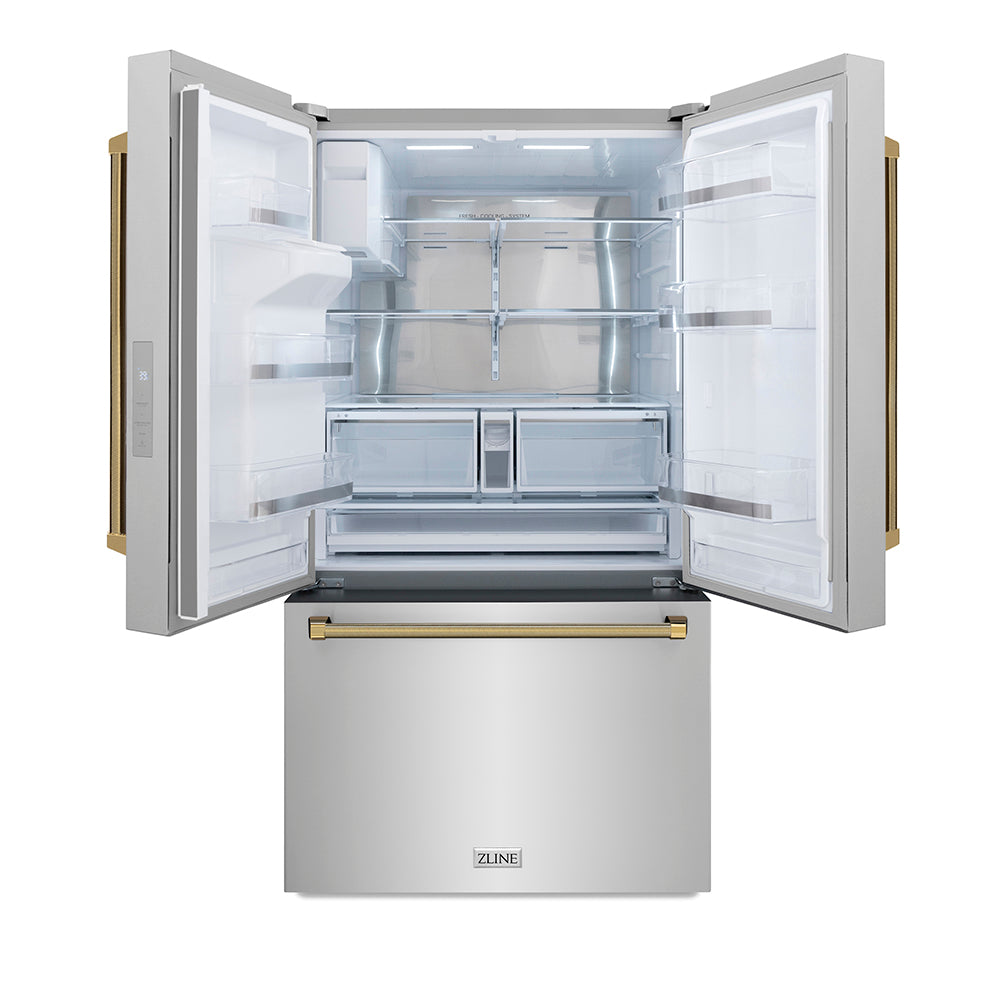 ZLINE Autograph 36 in. Stainless Standard-Depth Fridge W/ Dual Ice Maker & Gold Helix Handles - View 5 | Fridge.com