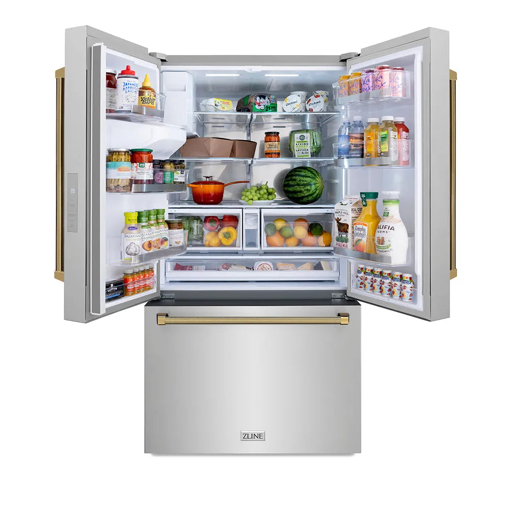 ZLINE Autograph 36 in. Stainless Standard-Depth Fridge W/ Dual Ice Maker & Gold Helix Handles - View 6 | Fridge.com