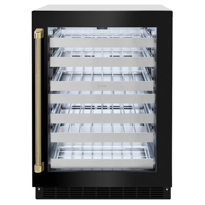 ZLINE Autograph 24 in. Touchstone Dual Zone Wine Cooler with Black Steel Door & Gold Helix Handle | Fridge.com