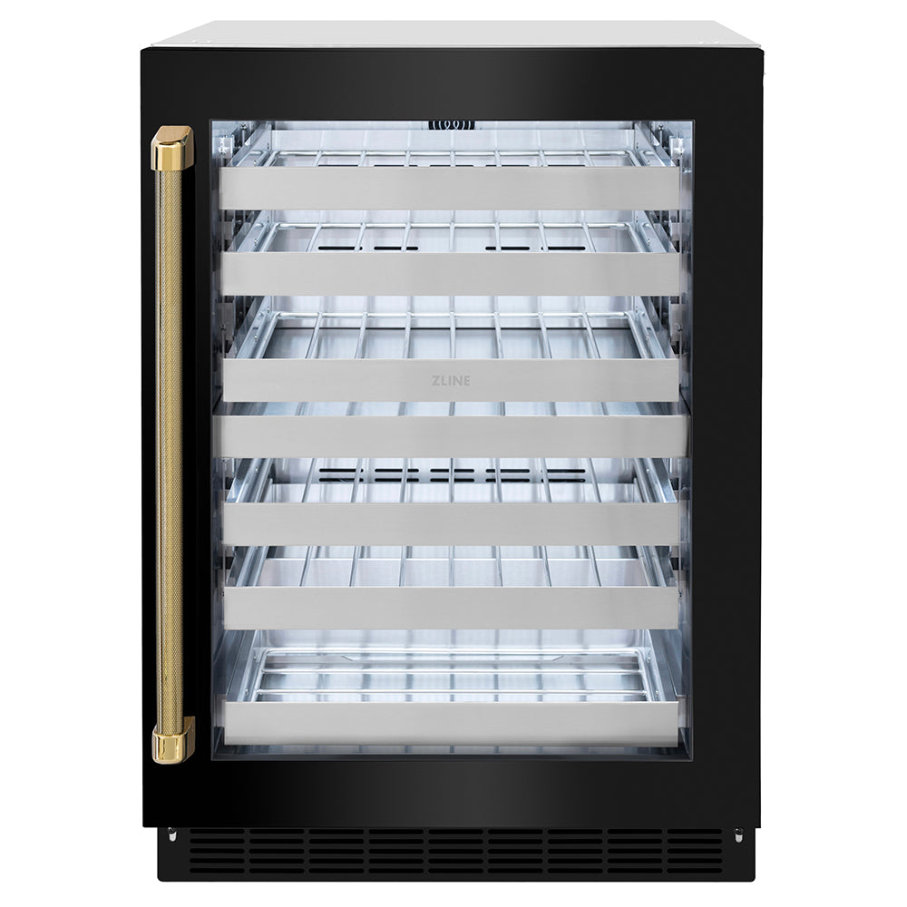ZLINE Autograph 24 in. Touchstone Dual Zone Wine Cooler With Black Steel Door & Gold Helix Handle - View 2 | Fridge.com