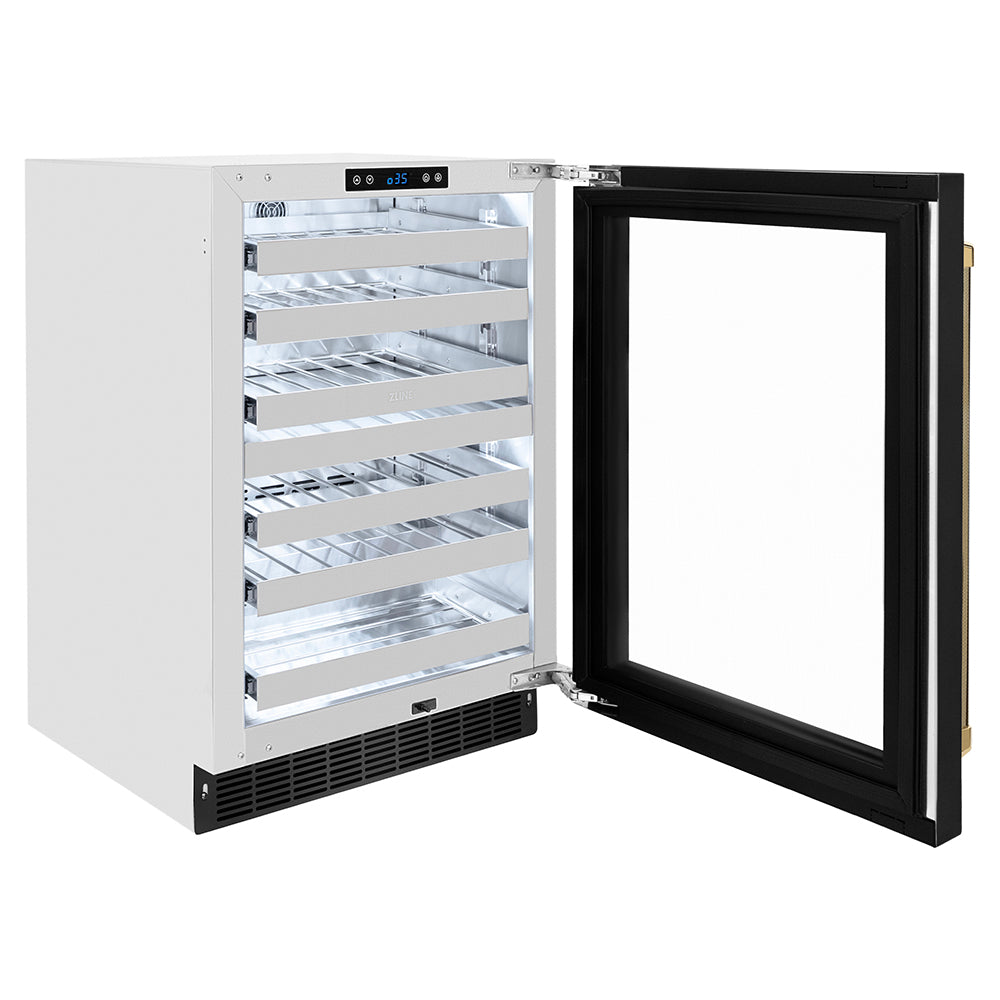 ZLINE Autograph 24 in. Touchstone Dual Zone Wine Cooler With Black Steel Door & Gold Helix Handle - View 5 | Fridge.com