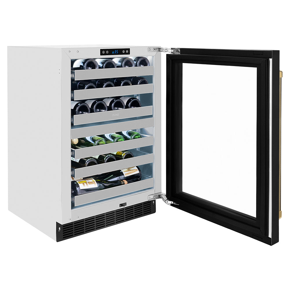 ZLINE Autograph 24 in. Touchstone Dual Zone Wine Cooler With Black Steel Door & Gold Helix Handle - View 6 | Fridge.com
