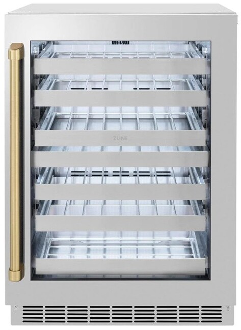 ZLINE Autograph Edition 24 in. Touchstone Dual Zone 44 Bottle Wine Cooler with Stainless Steel Glass Door and Champagne Bronze Handle (RWDOZ-GS-24-CB) | Fridge.com