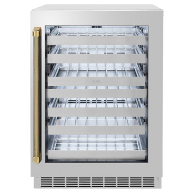 ZLINE Autograph 24 in. Touchstone Dual Zone Wine Cooler with Steel Glass Door & Gold Helix Handle | Fridge.com