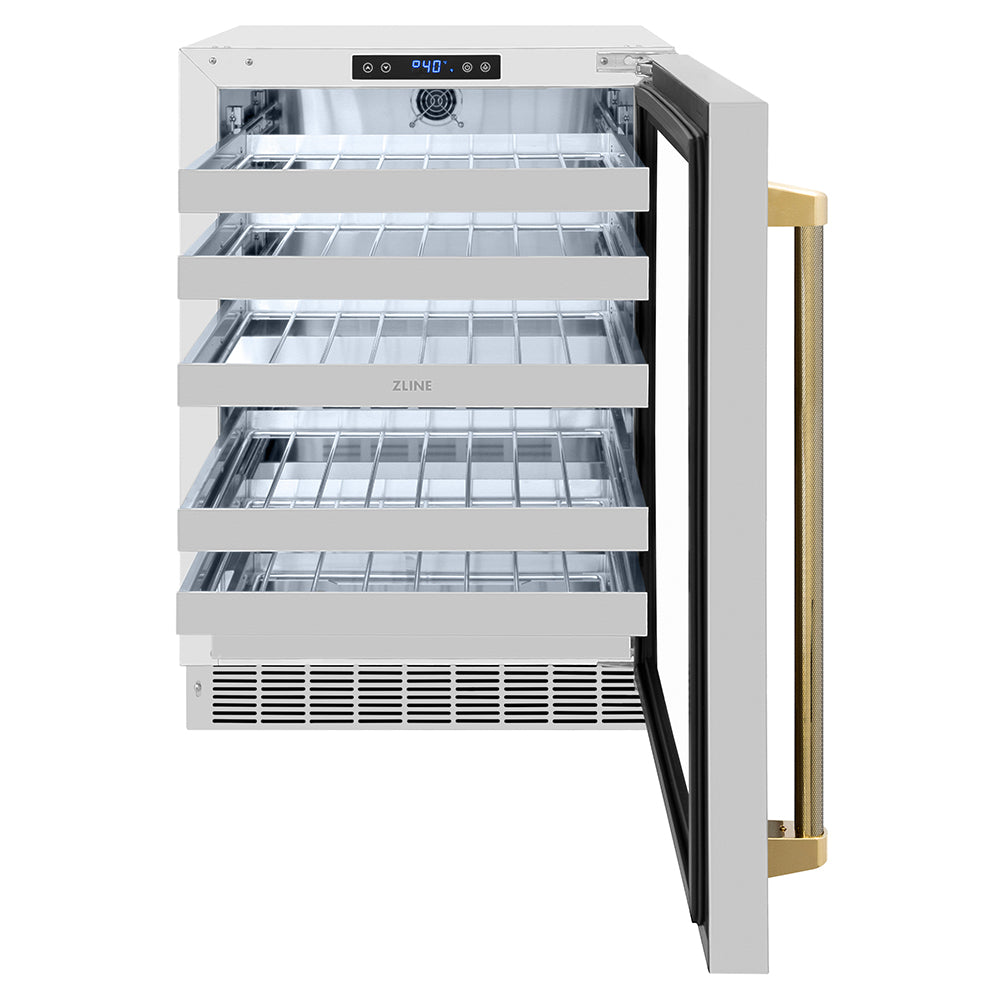 ZLINE Autograph 24 in. Touchstone Dual Zone Wine Cooler With Steel Glass Door & Gold Helix Handle - View 4 | Fridge.com