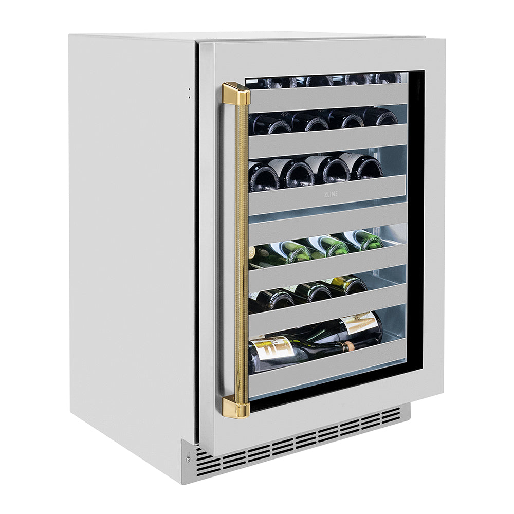 ZLINE Autograph 24 in. Touchstone Dual Zone Wine Cooler With Steel Glass Door & Gold Helix Handle - View 5 | Fridge.com
