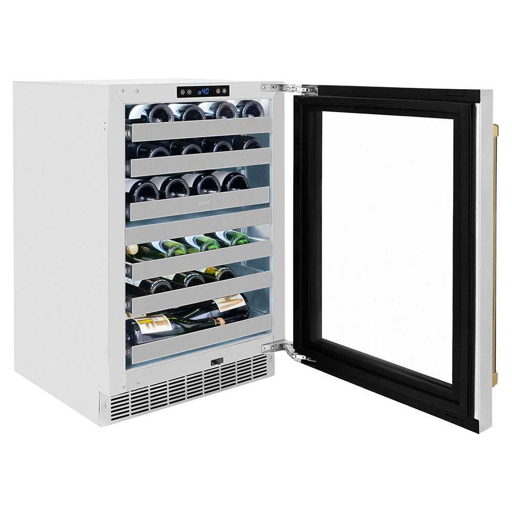 ZLINE Autograph 24 in. Touchstone Dual Zone Wine Cooler With Steel Glass Door & Gold Helix Handle - View 6 | Fridge.com