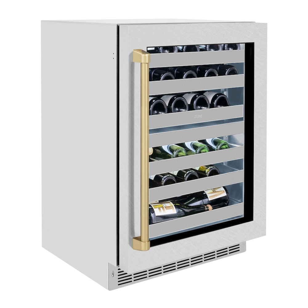 ZLINE Autograph Edition 24 in. Touchstone Dual Zone 44 Bottle Wine Cooler With Satin Stainless Steel Glass Door And Handle - View 4 | Fridge.com