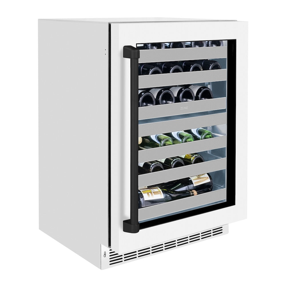 ZLINE Autograph Edition 24 in. Touchstone Dual Zone 44 Bottle Wine Cooler With White Matte Glass Door And Matte Black Handle (Rwdoz-Wm-24-Mb) - View 4 | Fridge.com